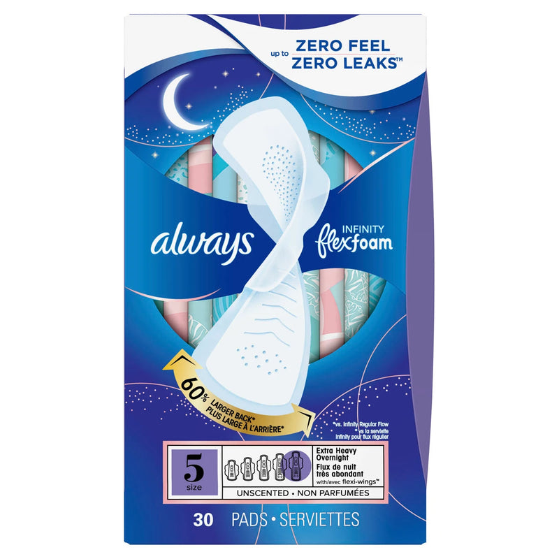 Always Always Infinity FlexFoam Pads, Size 5 Extra Heavy Overnight 3 Packs of 30 Feminine Pads & Protectors