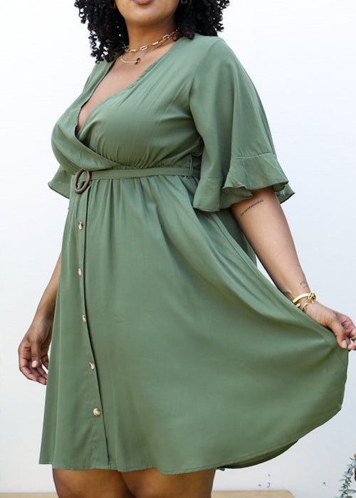 Plus Size O-Ring Tied Belt Waist Butterfly Flare Sleeve Midi Dress by Anna-Kaci