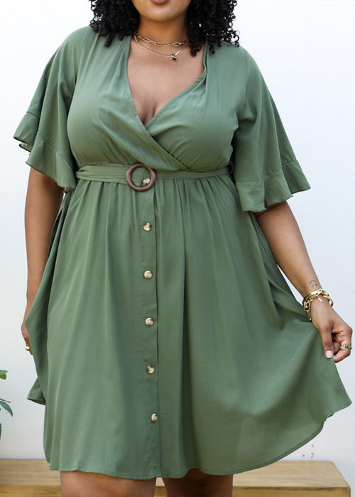 Plus Size O-Ring Tied Belt Waist Butterfly Flare Sleeve Midi Dress by Anna-Kaci