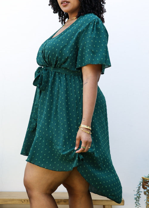 Plus Size Green Swiss Dot Midi Dress with High-Low Skirt by Anna-Kaci