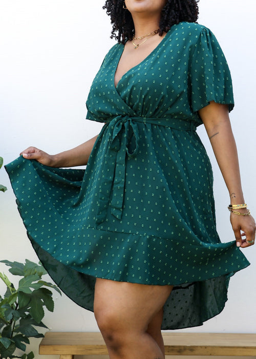 Plus Size Green Swiss Dot Midi Dress with High-Low Skirt by Anna-Kaci