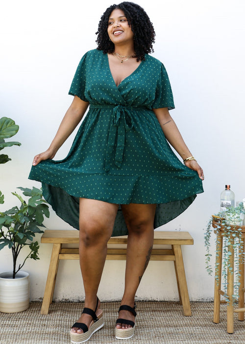 Plus Size Green Swiss Dot Midi Dress with High-Low Skirt by Anna-Kaci