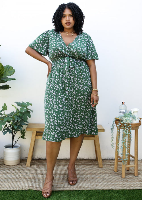 Plus Size Green Maxi Dress with Light Pink Floral Print by Anna-Kaci