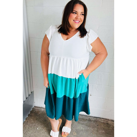 Seafoam & Emerald Tiered Frill Sleeve Midi Dress