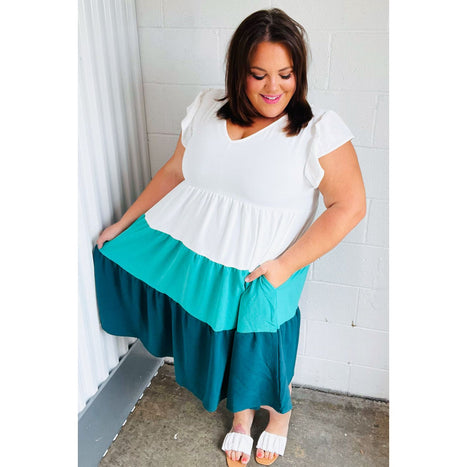 Seafoam & Emerald Tiered Frill Sleeve Midi Dress