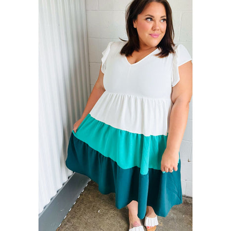 Seafoam & Emerald Tiered Frill Sleeve Midi Dress