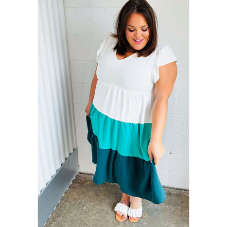 Seafoam & Emerald Tiered Frill Sleeve Midi Dress