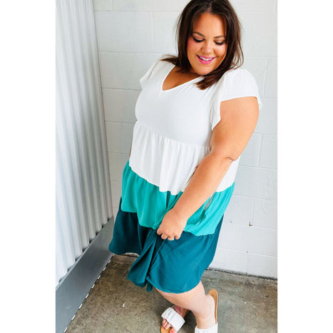 Seafoam & Emerald Tiered Frill Sleeve Midi Dress