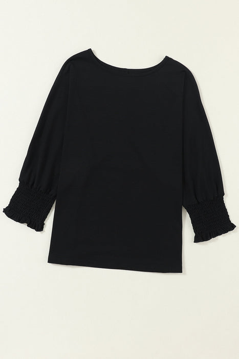 Smocked 3/4 Sleeve Casual Loose Top