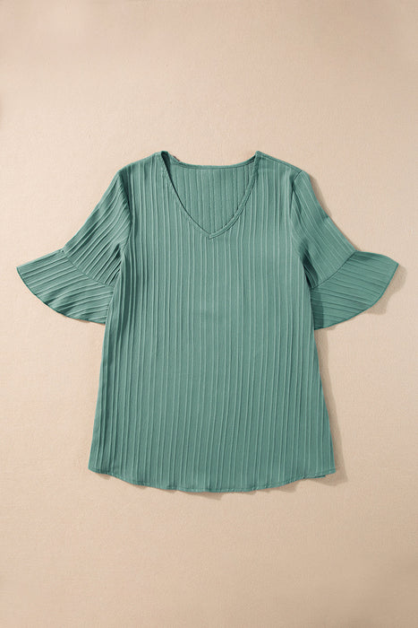 Ruffled Half Sleeve V Neck Textured Top