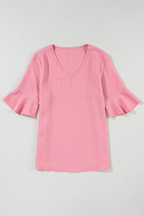 Ruffled Half Sleeve V Neck Textured Top