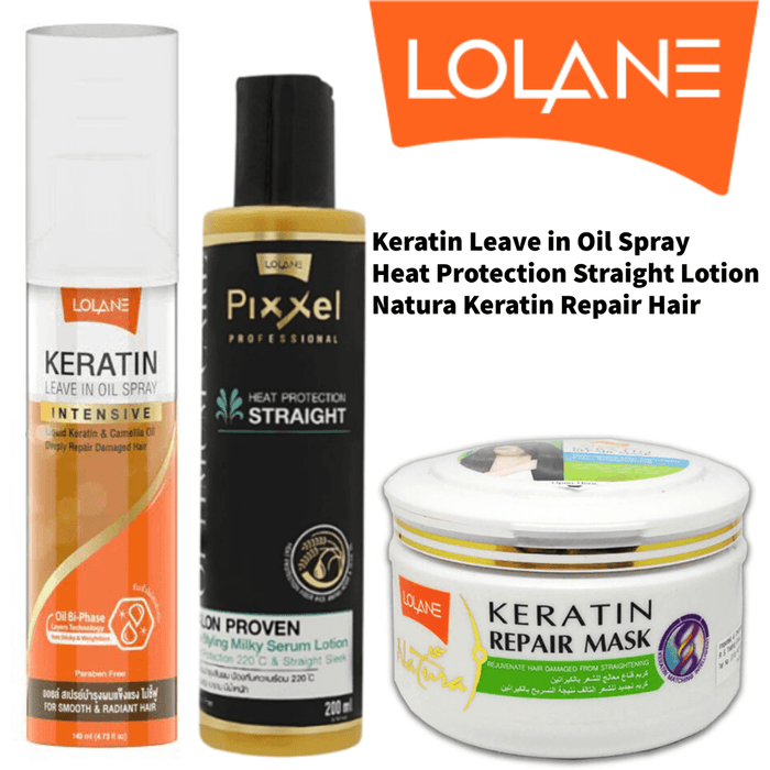 Lolane Hair Care Combo Set, Keratin Leave In Oil Spray & Heat Protection Straight Lotion & Natura Keratin Repair Hair