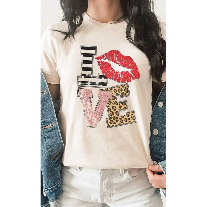 Love Multi Pattern Valentines Day Graphic Tee