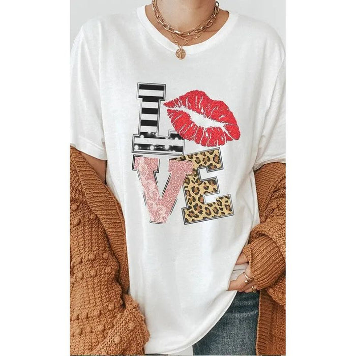 Love Multi Pattern Valentines Day Graphic Tee