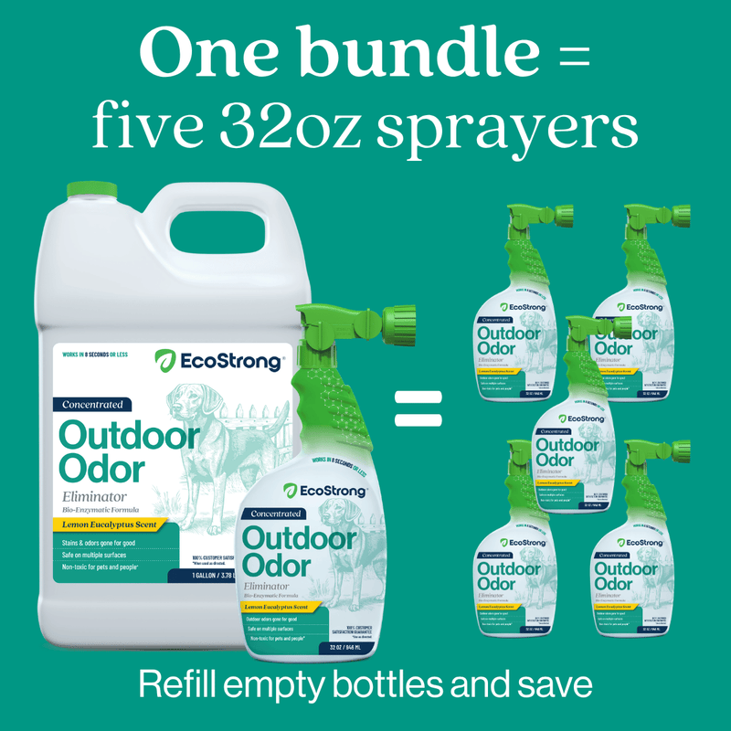 EcoStrong Outdoor Odor Eliminator Pet & Animal > Outdoor Odor Dark Cyan 1 Gallon Jug and Multi Use Sprayer,1 Gallon Jug,32 oz Sprayer Bottle and 1 Gallon Refill,32 oz Sprayer Bottle,10 x 2 oz Shots and Sprayer Bottle,5 Gallon Pail