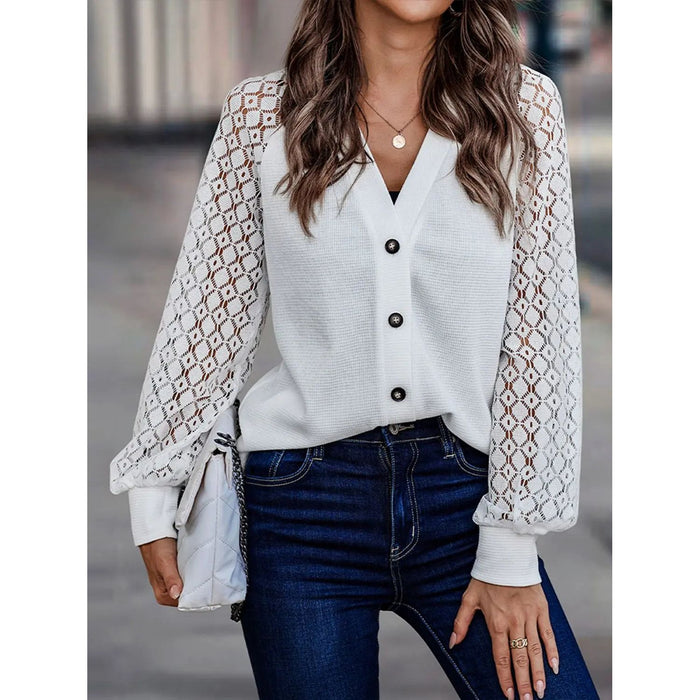 Lantern Sleeve V-Neck Button-Down Cardigan