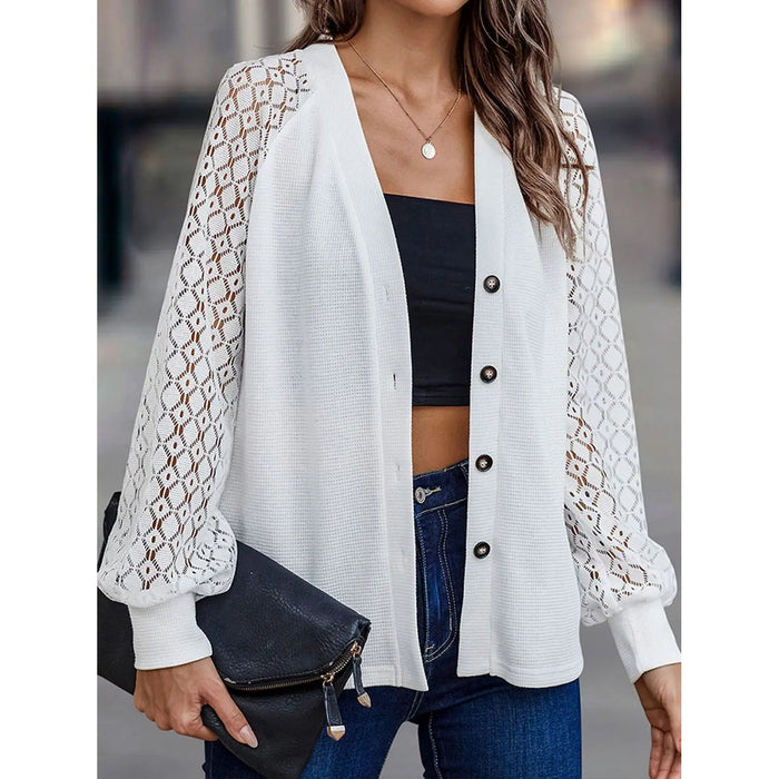 Lantern Sleeve V-Neck Button-Down Cardigan