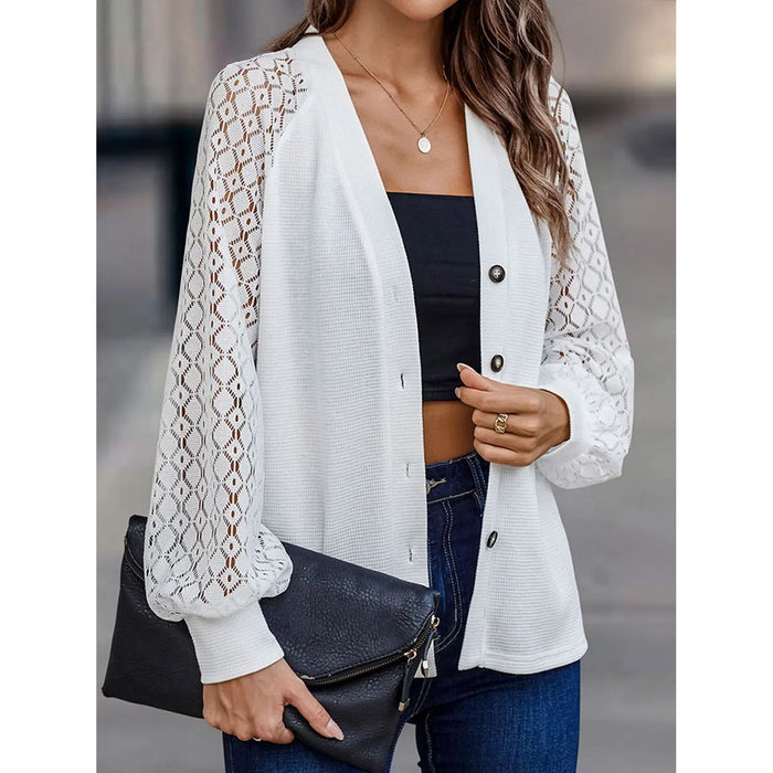 Lantern Sleeve V-Neck Button-Down Cardigan