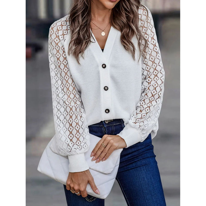 Lantern Sleeve V-Neck Button-Down Cardigan