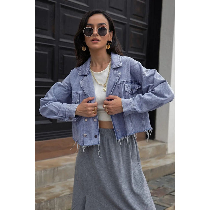 Lapel Collar Long Sleeve Denim Jacket