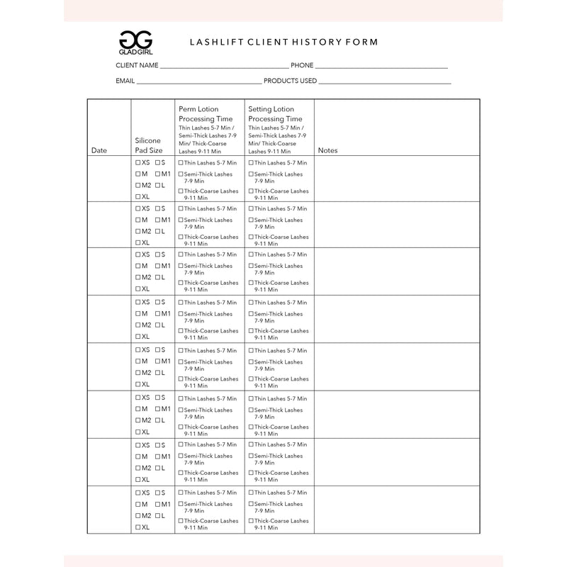 GladGirl Downloadable LashLift Client History Form Marketing