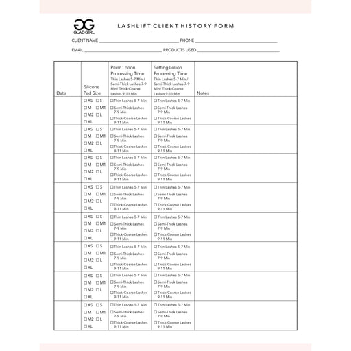GladGirl LashLift Client History Form - 25 Per Quantity Marketing