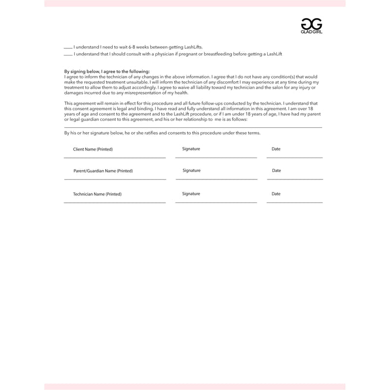 GladGirl LashLift Consent Form - 25 Per Quantity Marketing