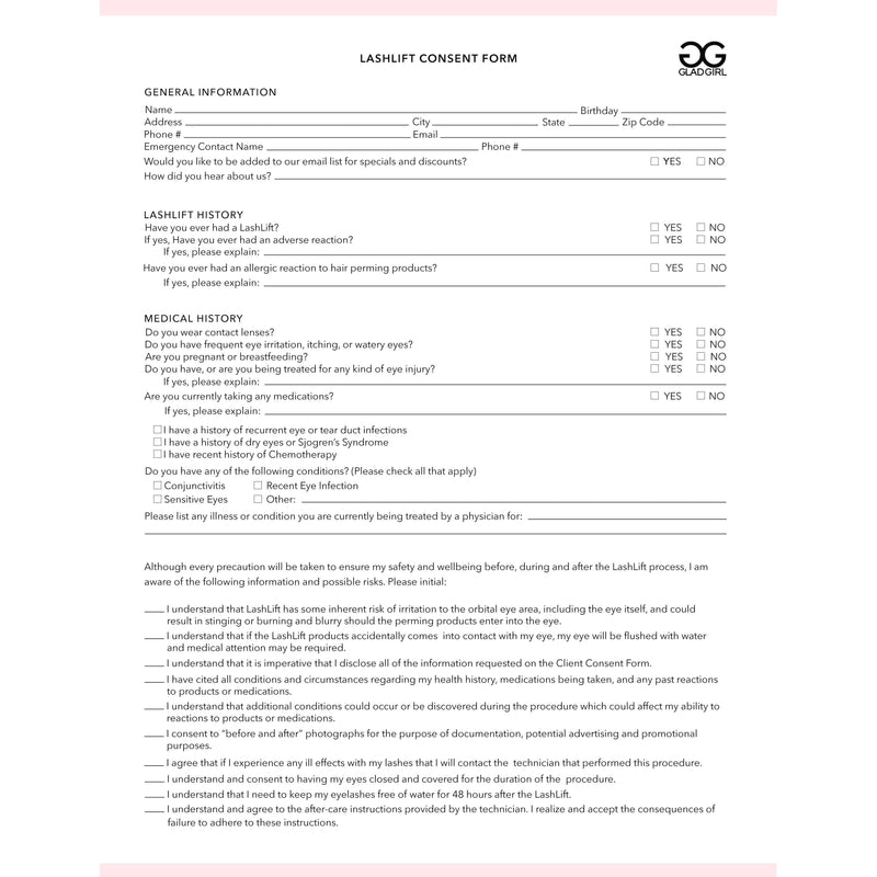 GladGirl Downloadable LashLift Consent Form Marketing