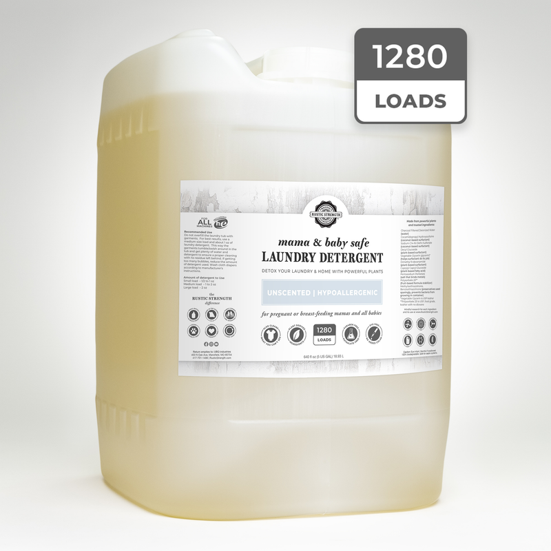 Rustic Strength Laundry Detergent | Mama + Baby Safe Laundry Detergent White Smoke 24 oz Glass,Half Gallon Plastic,Half Gallon Glass,Gallon Plastic,Gallon Glass,5 Gallon Eco Jug with Spout,5 Gallon Eco Jug with Pump