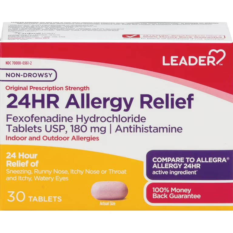 Leader 24-Hour Allergy Relief, Fexofenadine HCl 180 mg, 30 Tablets