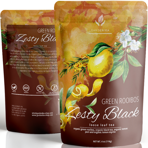 Gardenika Shop Green Rooibos Black Loose Tea, Energizing & Revitalizing Citrus Blend with Lemon Peel and Lemon Myrtle - Medium Caffeine - Organic & Kosher Loose Leaf Tea
