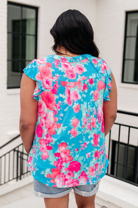 Lizzy Flutter Sleeve Top in Blue and Pink Roses