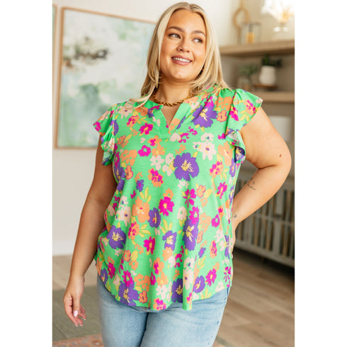 Lizzy Flutter Sleeve Top in Emerald and Purple Floral