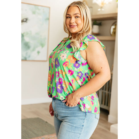 Lizzy Flutter Sleeve Top in Emerald and Purple Floral