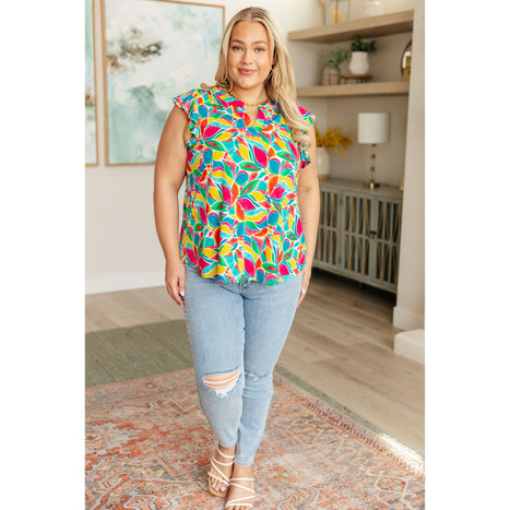 Lizzy Flutter Sleeve Top in Teal and Red Mod Floral