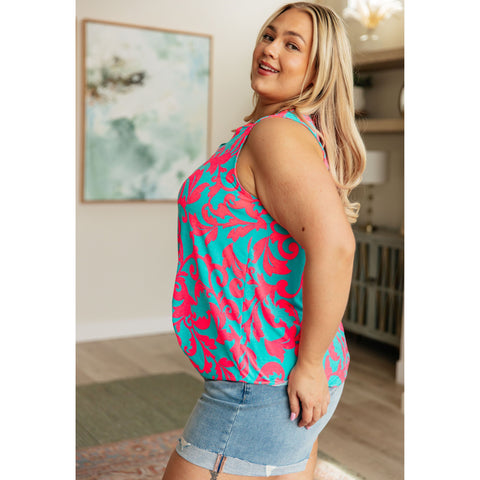 Lizzy Tank Top in Aqua and Pink Filigree