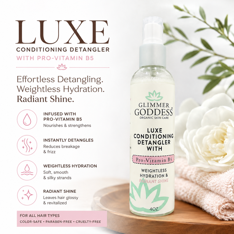 Glimmer Goddess® Organic Skin Care Luxe Conditioning Detangler with Pro-Vitamin B5 – Weightless Hydration & Radiant Shine Hair Care White Smoke