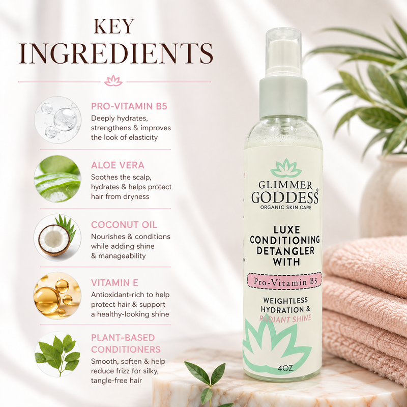 Glimmer Goddess® Organic Skin Care Luxe Conditioning Detangler with Pro-Vitamin B5 – Weightless Hydration & Radiant Shine Hair Care White Smoke