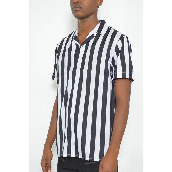 Mens Short Sleeve Striped Button Down Print Shirt