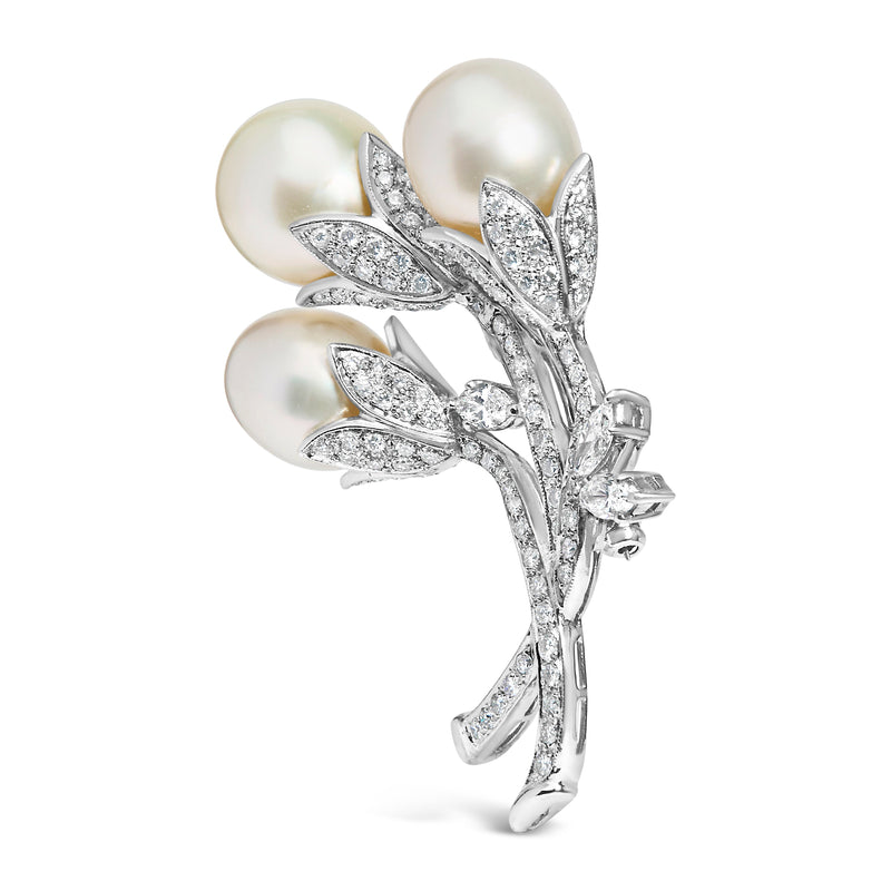 Bids.com 18K White Gold 2 1/5 Cttw Diamond and South Sea Pearl Floral Brooch Pin (G-H Color, VS1-VS2 Clarity) Accessories