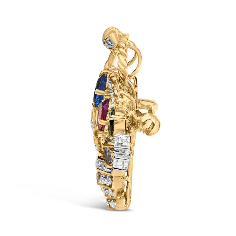 Bids.com 18K Yellow Gold 1 1/10 Cttw Diamond and Mixed Gemstone Floral Bouquet Pendant and Brooch Pin (G-H Color, VS1-VS2 Clarity) Accessories