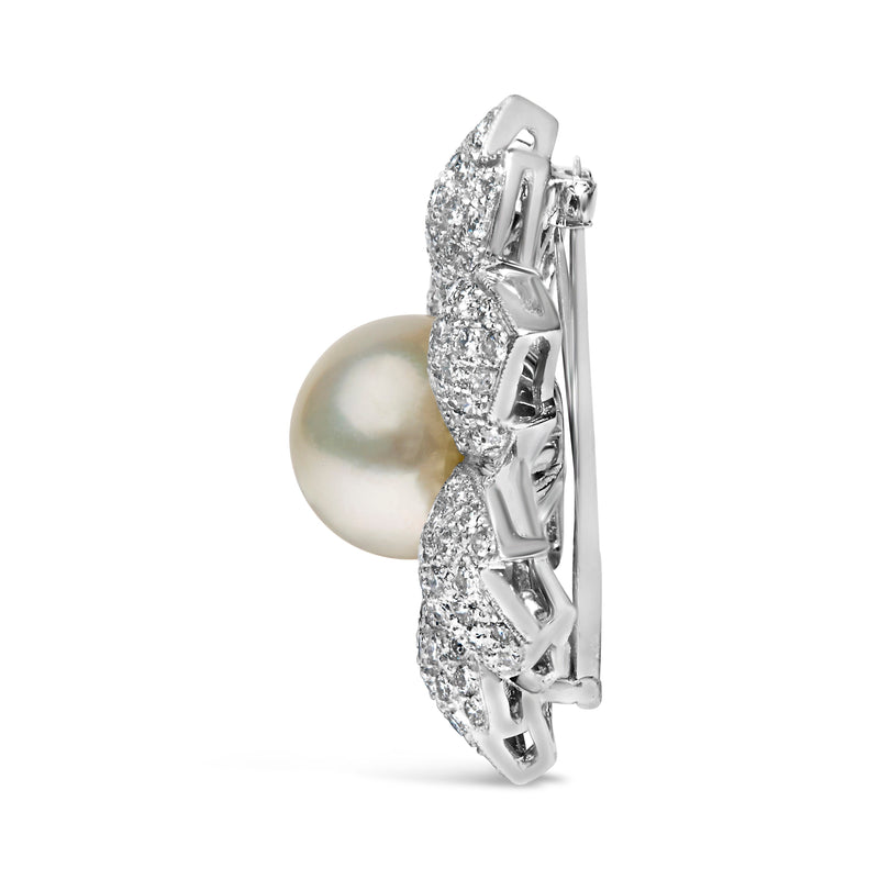 Bids.com 18K White Gold 2 3/4 Cttw Diamond and 12.5 MM Cultured Freshwater Pearl Floral Brooch Pin (G-H Color, VS1-VS2 Clarity) Accessories