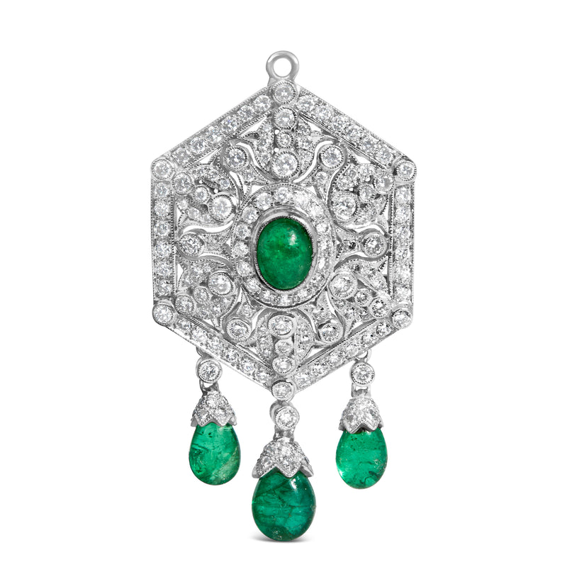Bids.com 18K 2 3/4 Cttw Diamond and Emerald Dangle Art Deco Shield Brooch Pin Pendant (G-H Color, VS1-VS2 Clarity) CHAIN NOT INCLUDED Accessories