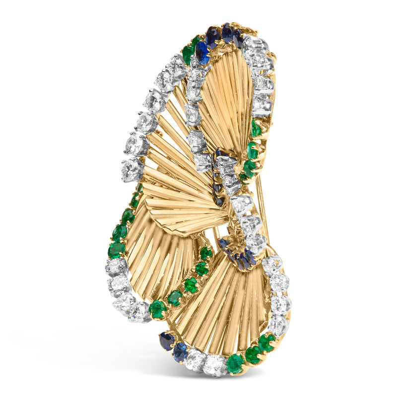 Bids.com 18K Yellow Gold 2 1/3 Cttw Diamond, Sapphire, and Emerald Sculpted Petal Brooch Pin (G-H Color, VS1-VS2 Clarity) Accessories