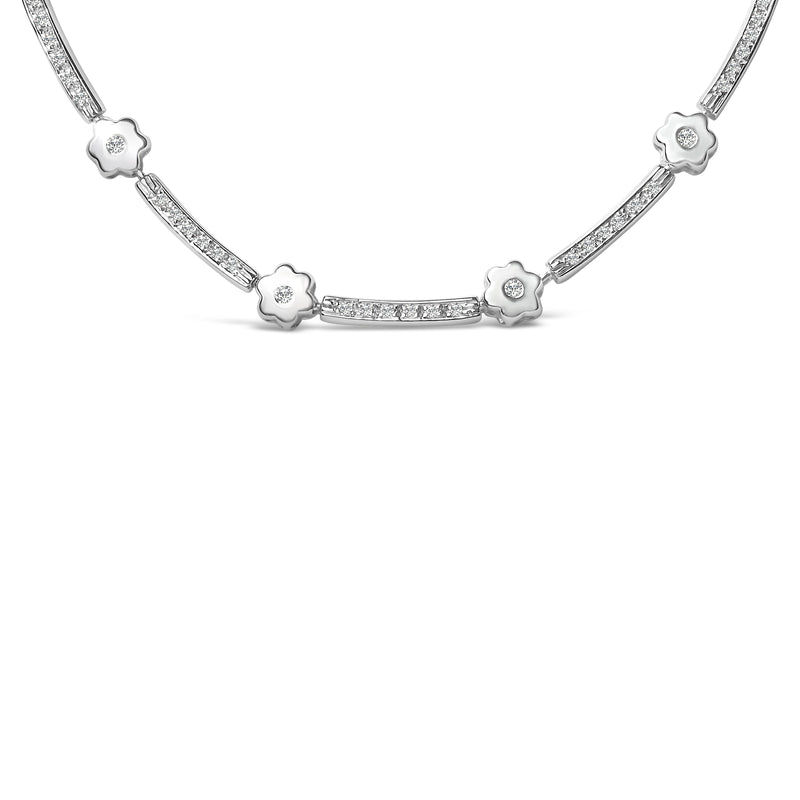 Bids.com 14K White Gold 1.0 Cttw Diamond Flower and Bar Station Necklace Necklaces