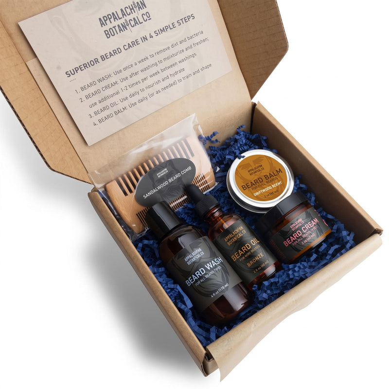 Appalachian Botanical Co. Complete Beard Care Kit Shaving & Grooming Gift Set White Smoke Bronze / Driftwood Scent