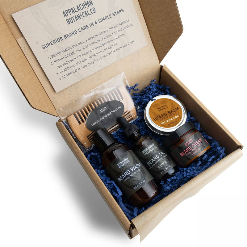 Appalachian Botanical Co. Complete Beard Care Kit Shaving & Grooming Gift Set White Smoke Silver / Driftwood Scent