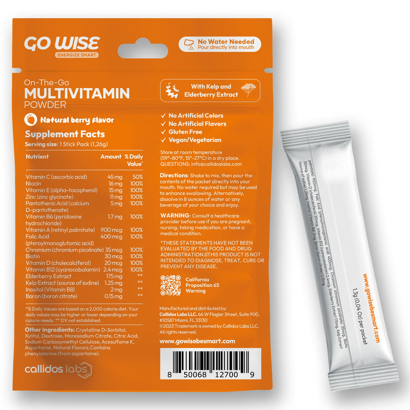 Go Wise Vegan Multivitamin Powder Stick Packs - No Water Needed Multivitamin