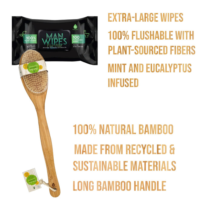 Clean & Refresh Bundle: 1200 Flushable Man Wipes (Mint Scented) - 12 Pack + Bath Body Brush With Long Bamboo Handle