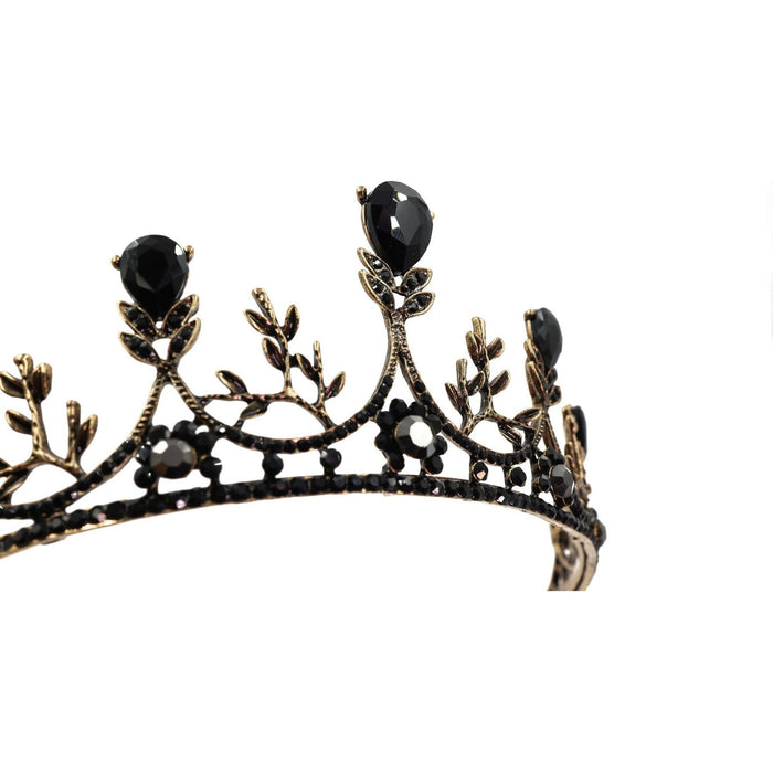 The Bullish Store - Midnight Blossom Tiara Crown In Gold With Black Gems | Royalty Crown Party Or Bridal Hair Accessory